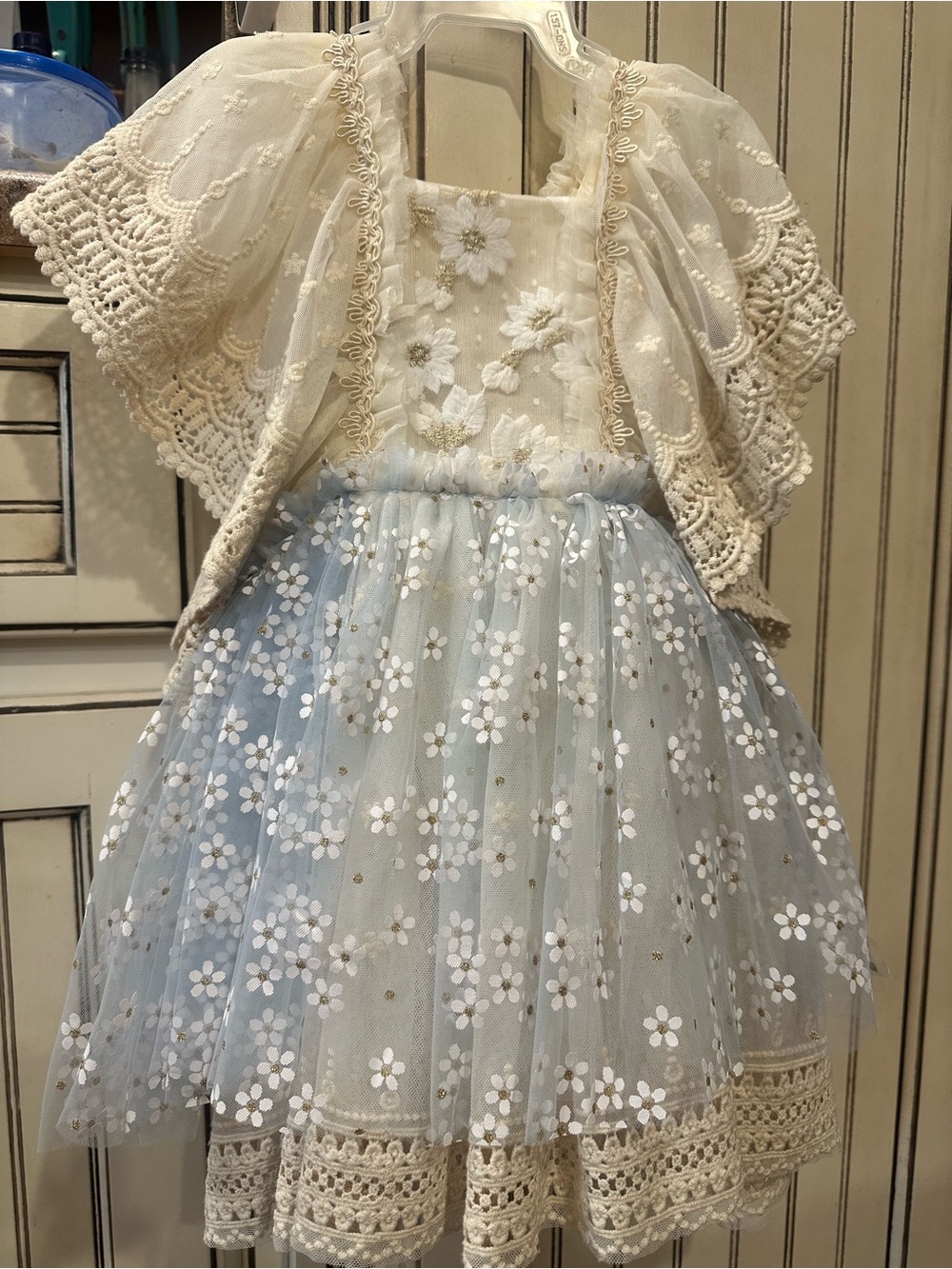 Girls Ivory & Light Blue Floral Lace Party & portrait Dress with Bolero